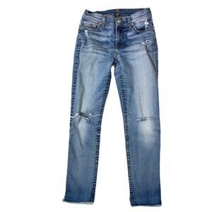 7 for all Mankind  the mid rise skinny SZ 24” distressed raw hem EUC